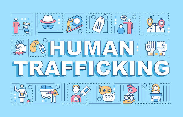 Global human trade problem word concepts banner Global human trade problem word concepts banner. Slavery and bondage. Infographics with linear icons on blue background. Isolated creative typography. Vector outline color illustration with text people trafficking stock illustrations