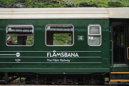 Flåmsbana (The Flåm Railway) train carriages, the famous scenic train line in Norway going from Myrdal to Flåm.