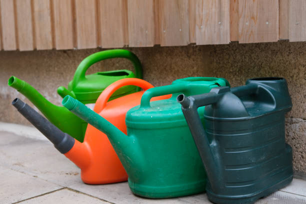 istock Multi colored watering cans in a garden 1331681126