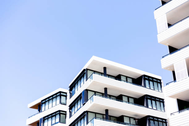 Modern apartment buildings, sky background with copy space Apartment buildings, Sydney Australia, sky background with copy space, full frame horizontal composition white buildings stock pictures, royalty-free photos & images