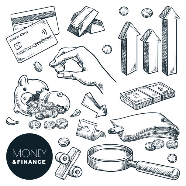 Money, investment and finance vector sketch icons. Crisis, financial losses and bankruptcy hand drawn design elements Money, investment and finance vector sketch icons. Crisis, financial losses and bankruptcy hand drawn design elements isolated on white background banking drawings stock illustrations