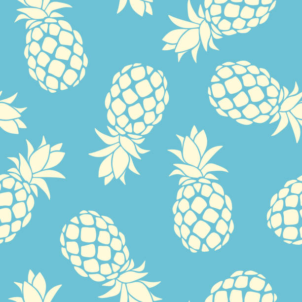 Tropical seamless pattern with pineapples. Vector illustration. Vector tropical seamless pattern with yellow pineapples silhouettes on a blue background. pineapple stock illustrations