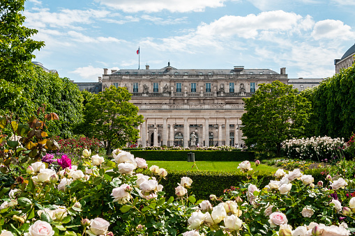 Conseil d'État et jardins du Palais Royal, in Paris. France. May 29, 2021.
