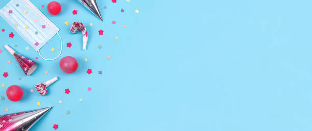 istock Colorful birthday set with mask and confetti. 1331684978