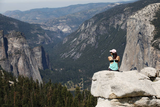 Close-up view of the distinct Half Dome Peak as seen from Glacier Point across Yosemite Valley within Yosemite National Park, California, USA.