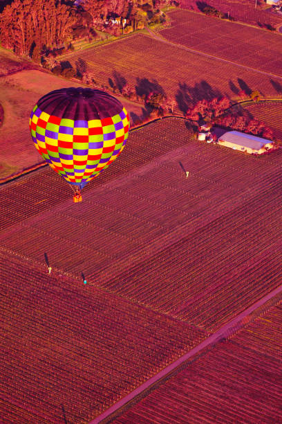 hot air balloon ing ride over valley and hills of napa - hot air balloon california napa napa valley imagens e fotografias de stock