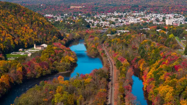 Photo of Colorful fall in Appalachian Mountains, Pennsylvania. The aerial remote view on Lehighton along with the Lehigh River.