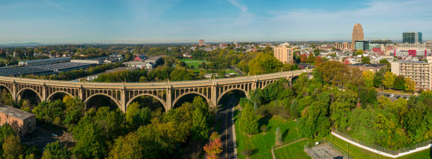 Martin Luther King Highway passing under the Albertus L. Meyers Bridge in Allentown, Pennsylvania.  Extra large high-resolution stitched panorama. Albertus L. Meyers Bridge, Allentown, Pennsylvania, USA allentown pennsylvania stock pictures, royalty-free photos & images