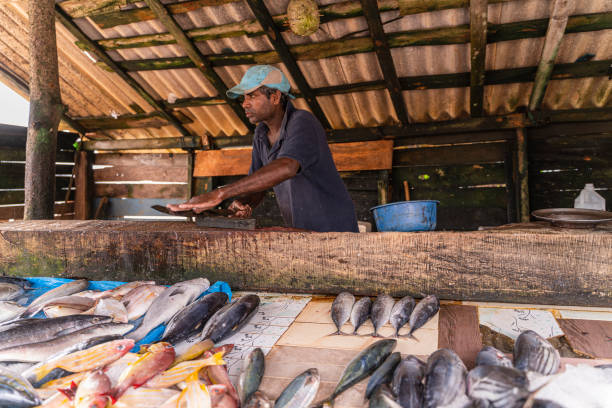 istock Man selling fish at small local fish market 1331694275