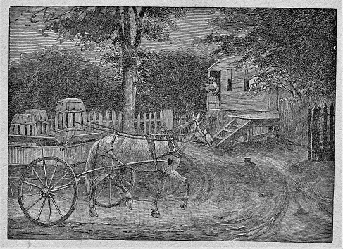 A horse pulls a cart with barrels. In background is an older woman beaconing to the driver (not shown). Illustration published 1887. Source: Original edition is from my own archives. Copyright has expired and is in Public Domain.