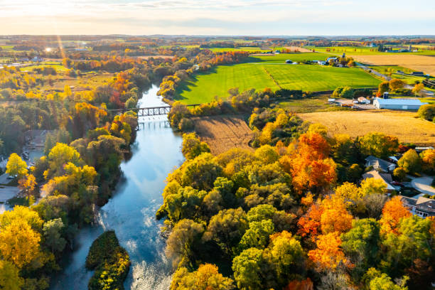 istock Aerial Railway Bridge and Conestogo River at dusk, St. Jacobs, Canada 1331704455