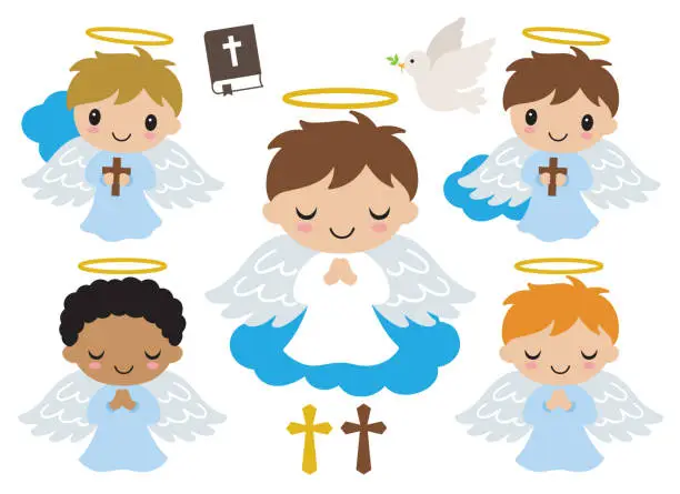 Vector illustration of Little Boy Baptism Angels Praying and Holding Cross Vector Illustration.