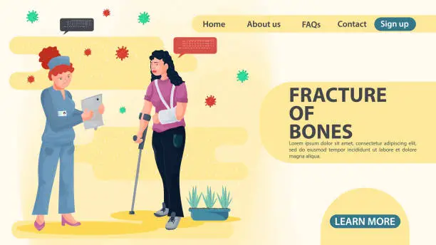 Vector illustration of A woman with a fracture at a doctors consultation web page design flat style cartoon