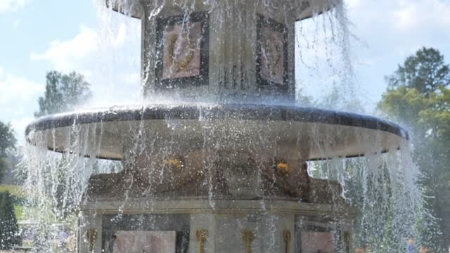 Peterhof. Russia. St. Petersburg. Close-up of super slow mo fountain