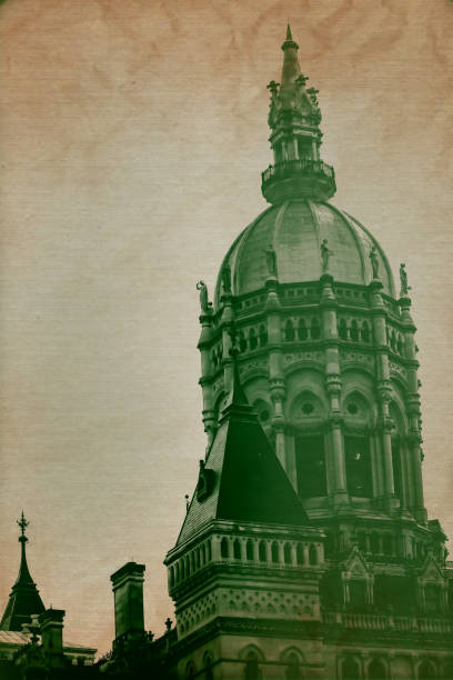 An etching style photo of the cupola of the Connecticut State Capitol building.