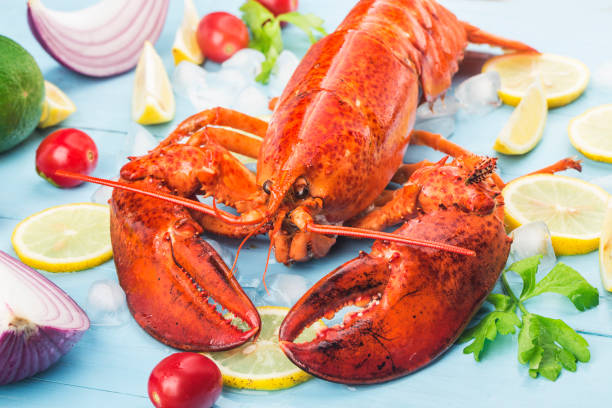 istock Seafood feastLemon and fresh Boston lobster on the ice 1331740036