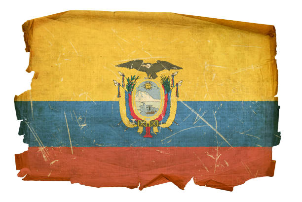 Ecuadorian Flag old, isolated on white background. Ecuadorian Flag old, isolated on white background. textile torn canvas at the edge of stock pictures, royalty-free photos & images