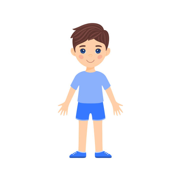 Cute Brunette Cartoon Boy Is Standing In Clothes And Shoes Caucasian Child  With Blue Eyes And Smiles Happy Isolated Little Schoolboy Flat Color Style  White Background Vector Illustration Stock Illustration - Download