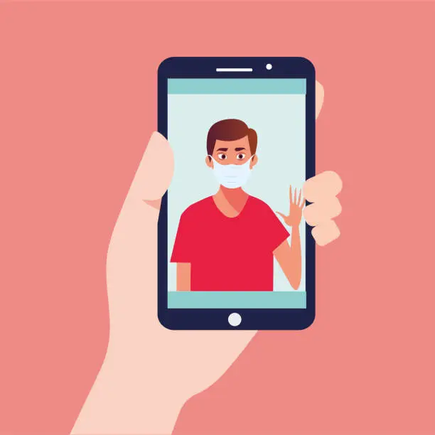 Vector illustration of O A hand holding a phone, the phone has a doctor in it. Video call, online conversation concept and online consultation. Vector illustration of smartphone screen with therapist. Online medical advice, consultation service. Vector flat illustration.