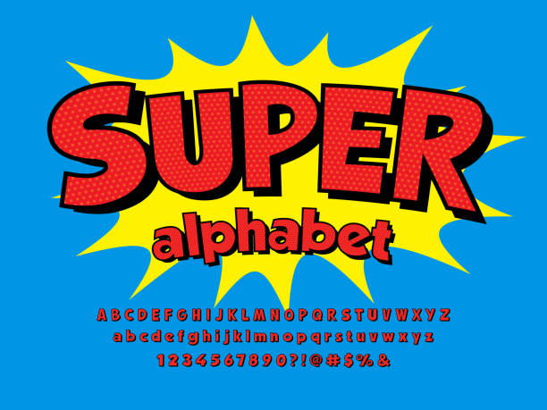 comic font Comical halftone style alphabet design with uppercase, lowercase, numbers and symbols heroes stock illustrations