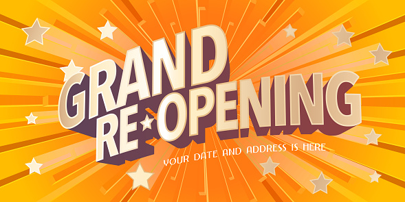 Grand opening or re opening vector illustration, background with graphic festive elements. Template banner, flyer for opening or re-opening ceremony