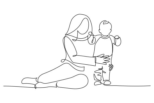 Mom with toddler son Happy mom with her little son in continuous line art drawing style. Mother assisting her toddler child. Minimalist black linear sketch isolated on white background. Vector illustration mother drawings stock illustrations