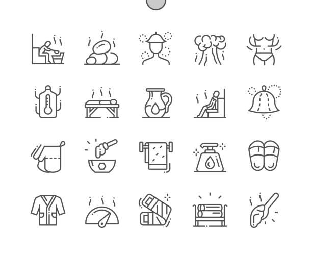 ilustrações de stock, clip art, desenhos animados e ícones de sauna. hot stones and steam. sauna hat, firewood, hot honey. treatment, vacation, spa and wellness therapy. pixel perfect vector thin line icons. simple minimal pictogram - throwing people stone tossing