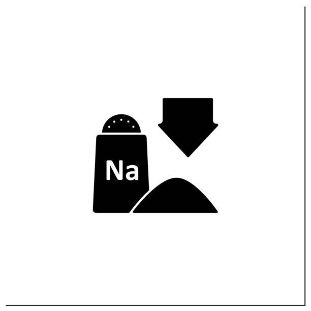 Low sodium glyph icon Low sodium glyph icon. Exclude processed and packaged foods. Chips, frozen dinners and fast food. Without salt food. Dash diet concept.Filled flat sign. Isolated silhouette vector illustration low salt icon stock illustrations