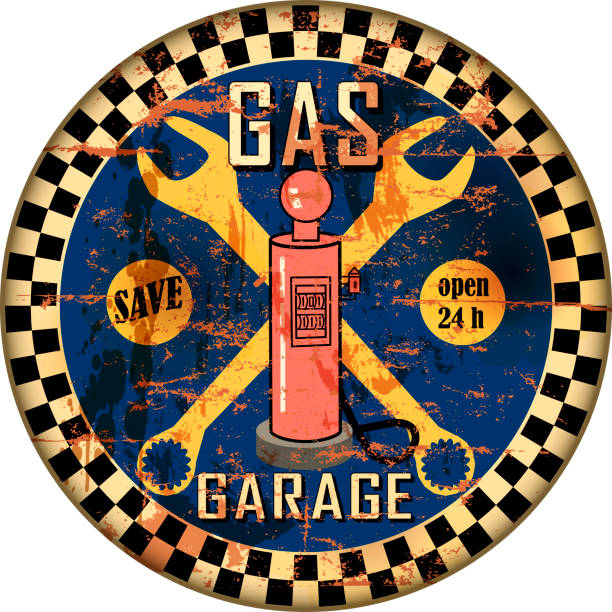 vintage rusty gas station nad garage sign route 66 grungy retro style vector illustration. No commercial reference fictional artwork. vintage rusty gas station nad garage sign route 66 grungy retro style vector illustration. No commercial reference fictional artwork. vintage gas pumps stock illustrations