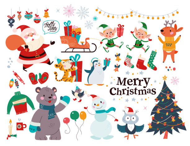 illustrazioni stock, clip art, cartoni animati e icone di tendenza di grande set di elementi decorativi natalizi e personaggi isolati. - nana