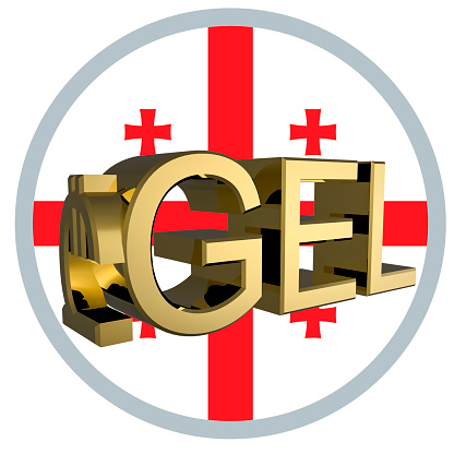 Gilded lari GEL symbol on the background of the flag of Georgia. Finance concept. Rendering 3D. Isolated