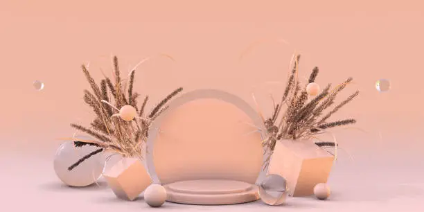 Photo of 3D beige pastel round podium with autumn composition and dry plants. Pedestal for skincare product on pastel pink background.