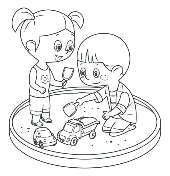 Vector illustration of Black And White, Happy children play in the sandbox