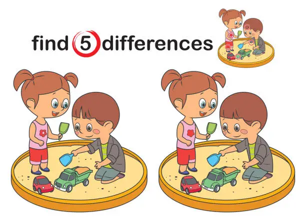 Vector illustration of Find differences, Happy children play in the sandbox