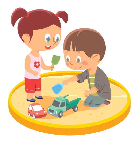 Vector illustration of Happy children play in the sandbox