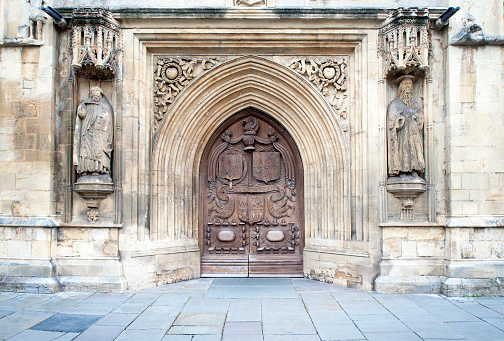 Main entrance to the church of St. Ludmila in Prague city. Historical landmark. Ancient gothic architecture in the capital of the Czech Republic.