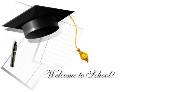 istock Back to school! Graduate cap with office supplies on an abstract neutral background. Creative poster or banner. 1331763076