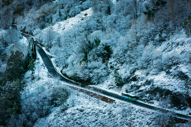 Alpujarras road after a snowfall, with a bus circulating.