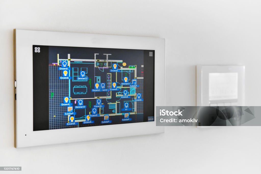 Automation system of smart modern home Concept of automation system smart modern luxury wealthy home mounted on white wall close up, no people Intelligence Stock Photo
