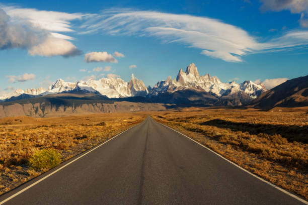 strada per el chalten, argentina, patagonia con fitz roy montagna di neve e campo di erba gialla - mt fitz roy foto e immagini stock
