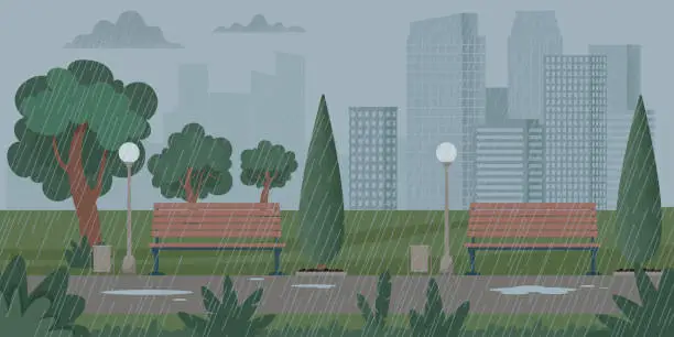Vector illustration of City landscape with rainy weather, thunderstorm. Rain in the park. Vector illustration in flat style