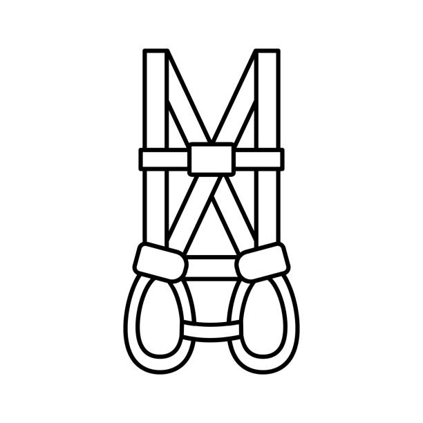 A full body harness line icon. Personal protection equipment. Height worker safety gear. Construction industry protective workwear. Fall and injury prevention. Vector illustration, flat, clip art. hook equipment stock illustrations