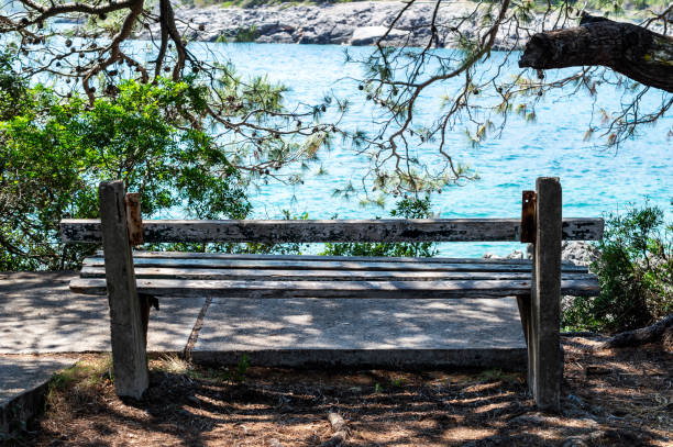 istock Old wooden bench on seashore. 1331770166
