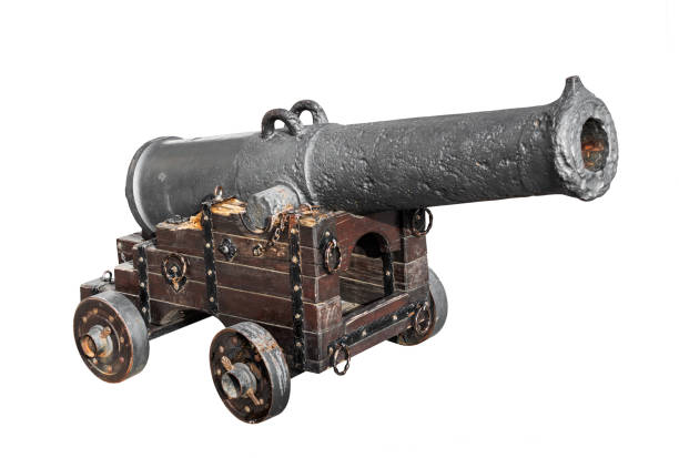 Old cannon which shooting by cores. Isolated on white. Old cannon which shooting by cores. Isolated on white. cannon artillery photos stock pictures, royalty-free photos & images