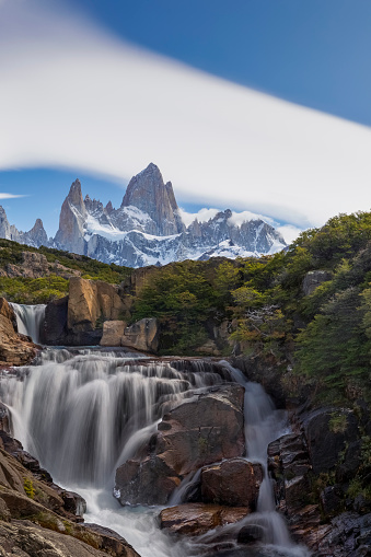 A view of the Fitz Roy cascades at sunrise on the Arroyo del Salto near the Fitz Roy trail in Los Glaciares National Park above El Chalten