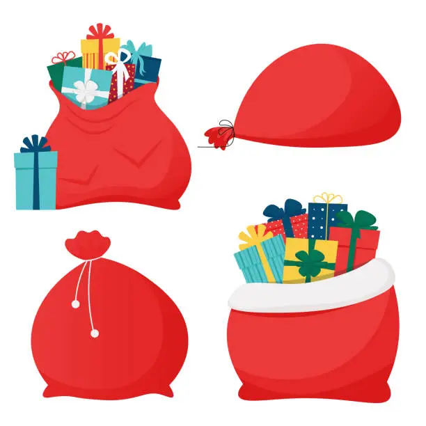 Vector illustration of Santa Claus bags with gift boxes, present. Christmas decorative element. Vector illustration in flat style