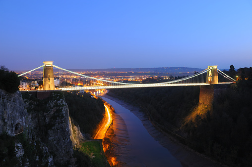 Wide angle view over the Clifton Suspension Bridge in Bristol, England.