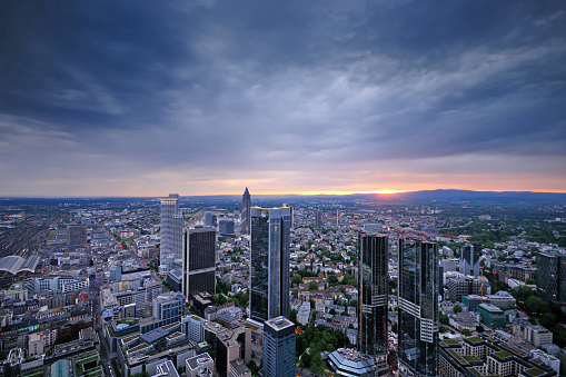 Wide angle aerial view of Frankfurt at sunset, Germany, Europe