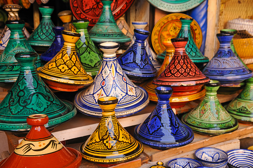 Close up of colourful Moroccan tagine pots for sale in Djemaa El Fna, Marrakech, Morocco, North Africa