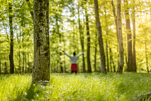 Blurred view of person with arms outstretched in forest